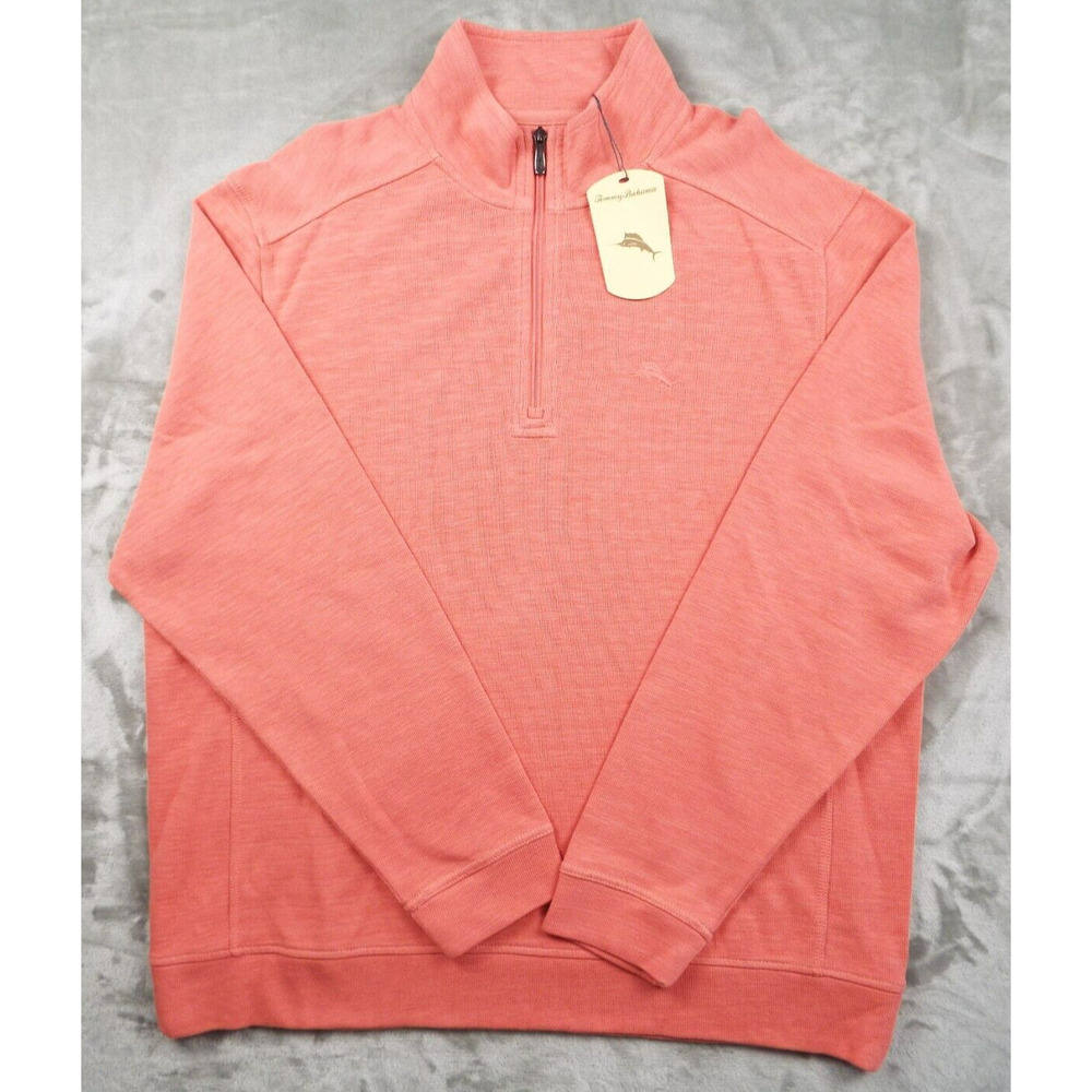 TOMMY BAHAMA Sweater Mens Large Pink Salmon Outdoor 1/4 Zip Casual Classic NWT